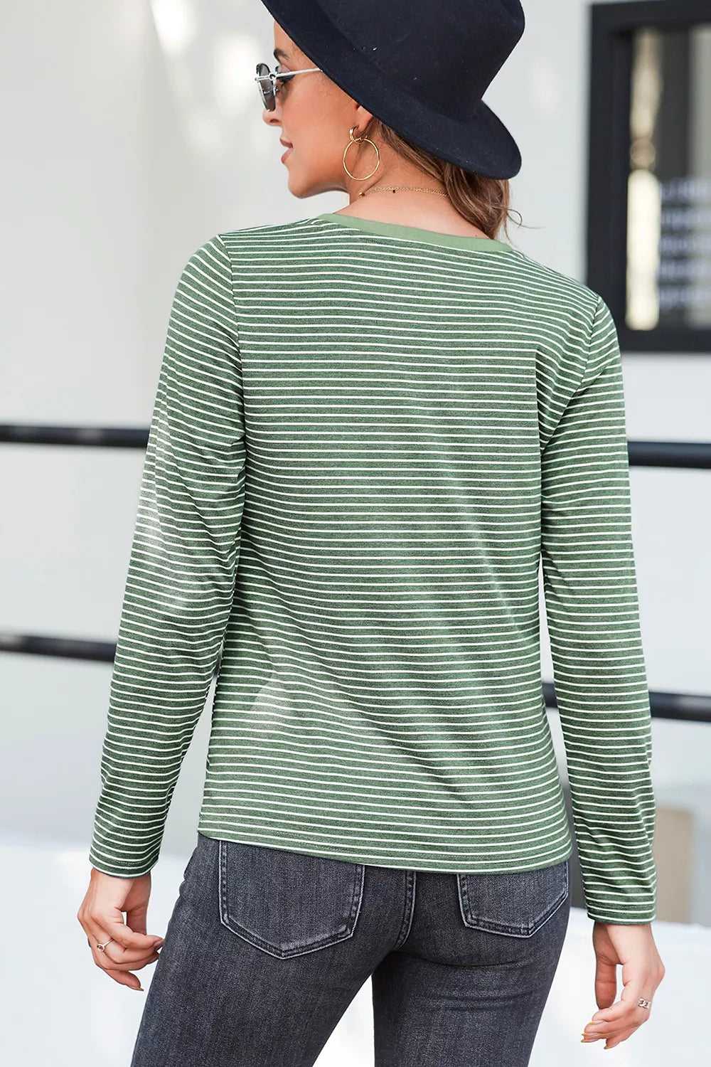 Stripe V Neck Stretchy Long Sleeve Top