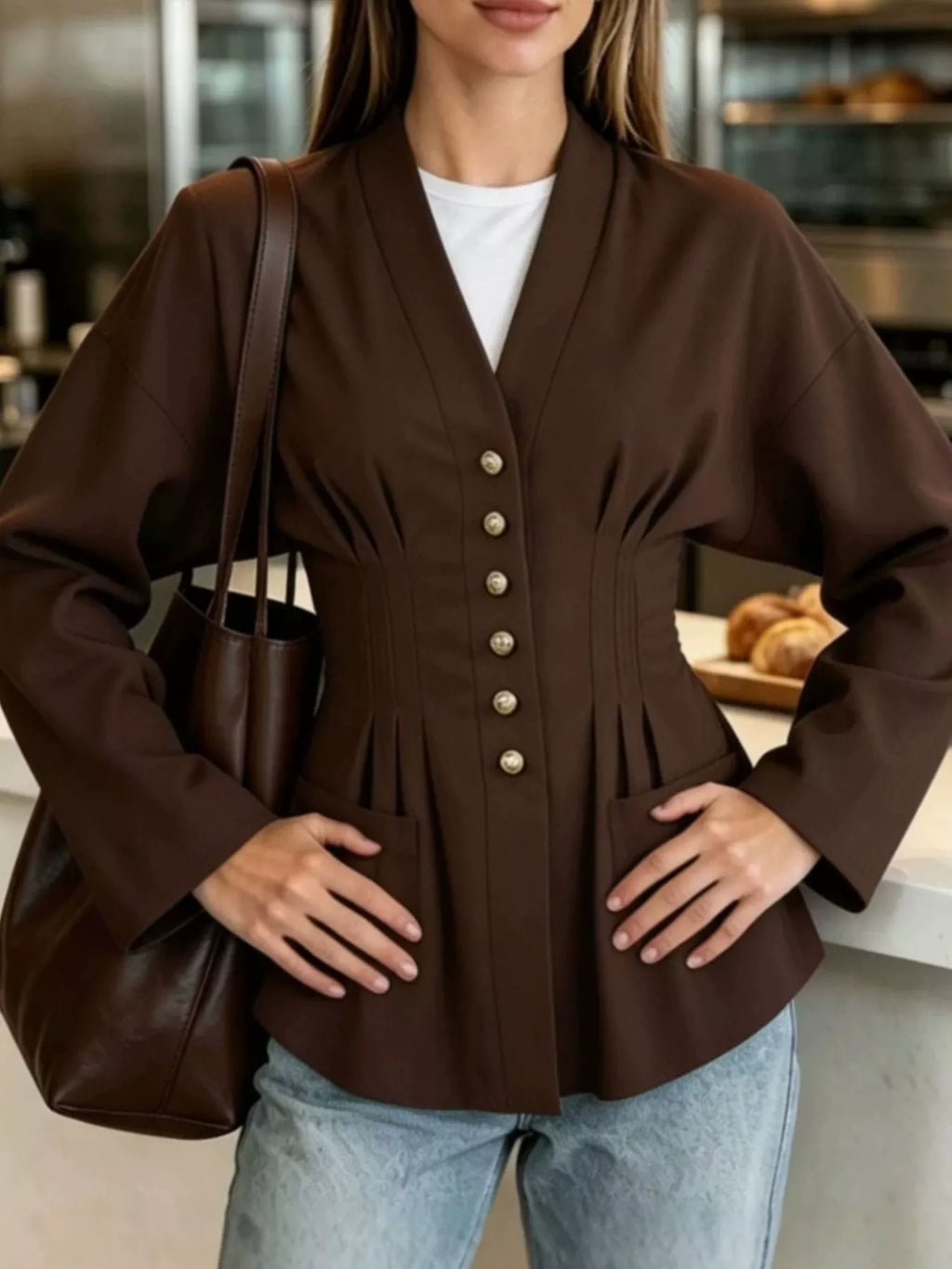 Pleated Waist Blouse with Button Detail