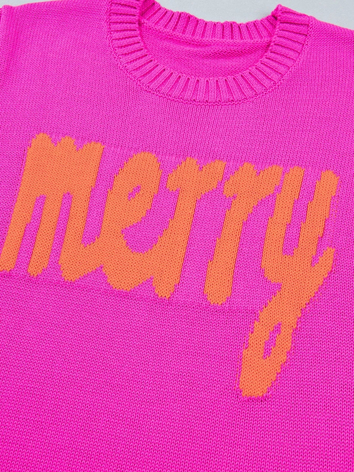 Merry Print Ribbed Trim Round Neck Loose Fit Sweater