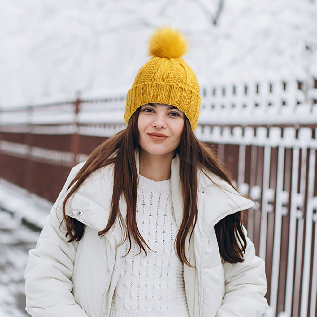 Winter Knitted Hats Fashion Stretchy Lined Skull Hats For Women Faux Fur Pom Pom Hat Keep Warming Beanie Hat