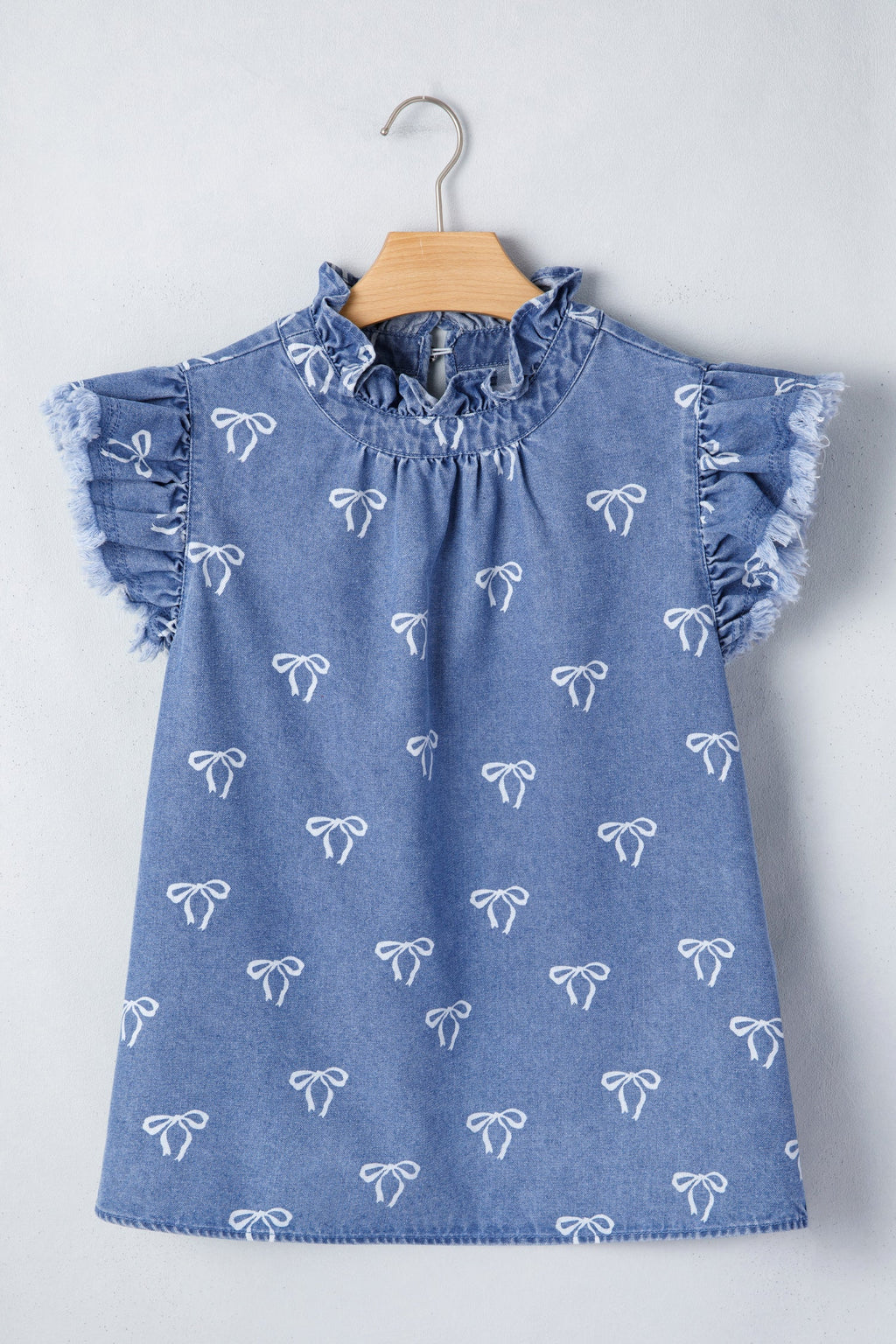 Blue Frilled Collar Flutter Sleeve Denim Top