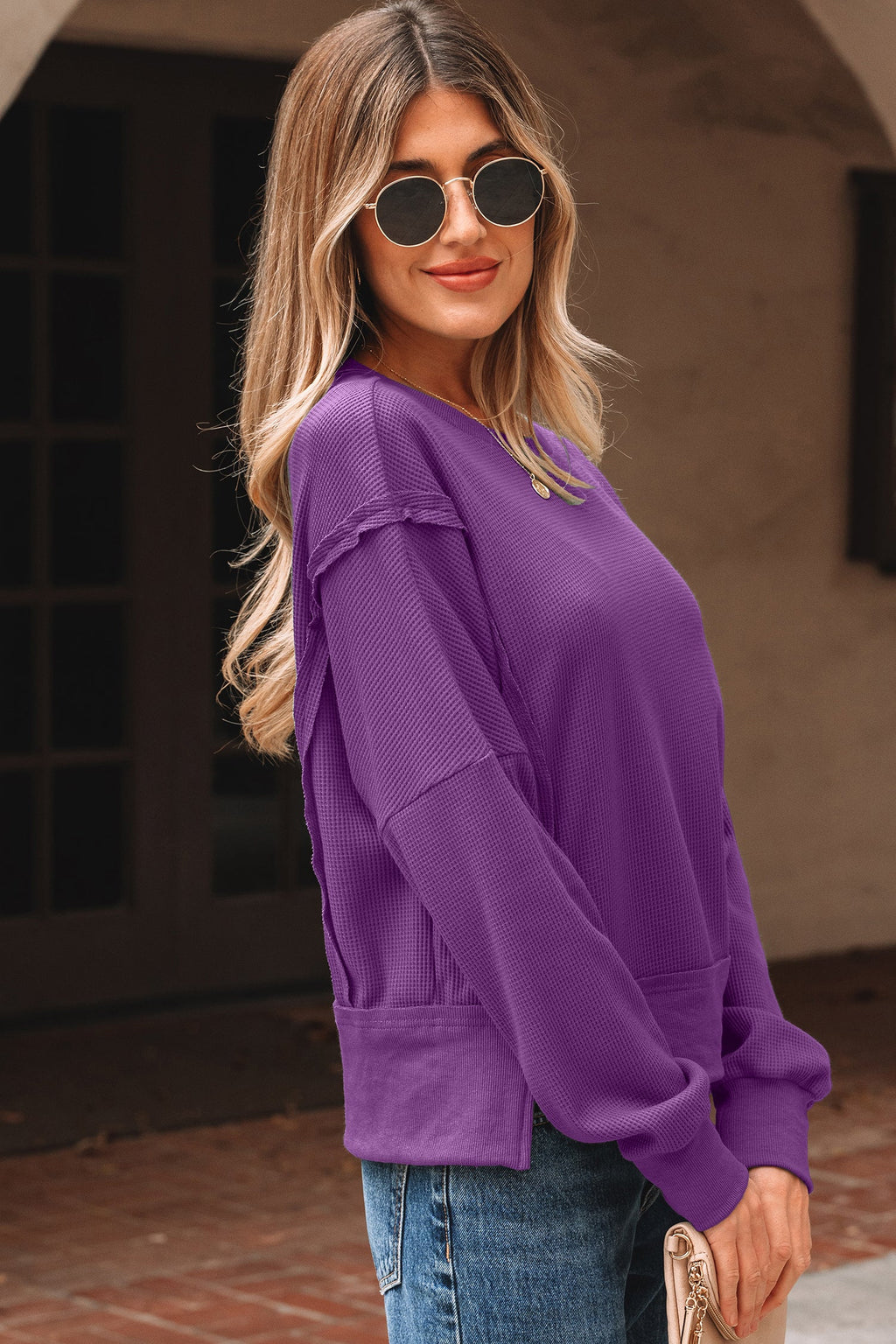 Solid Ribbed Raw Seam Patchwork Drop Shoulder Sweatshirt