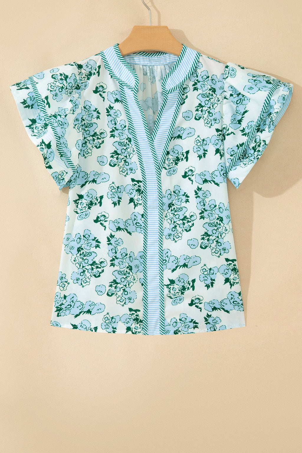 Green Floral Meets Stripes V Neck Flutter Sleeve Blouse