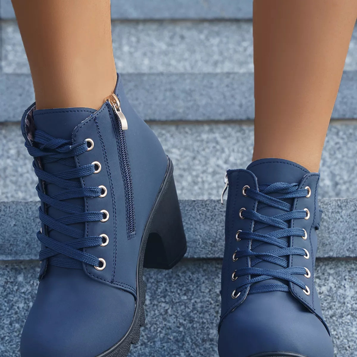 Lace Up Block Heels Boots