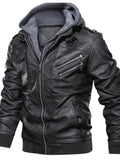 Men's Full Size Hooded Faux Leather Motorcycle Jacket Plus Size