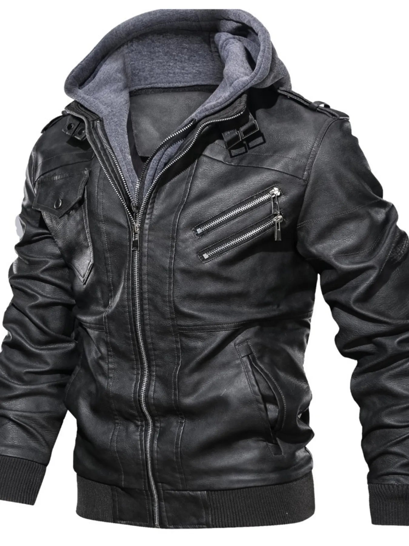 Men's Full Size Hooded Faux Leather Motorcycle Jacket Plus Size