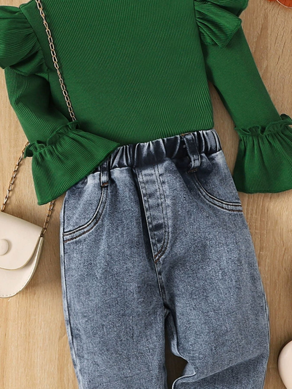 Children's Ruffle Trim Ribbed Top & Jeans Set