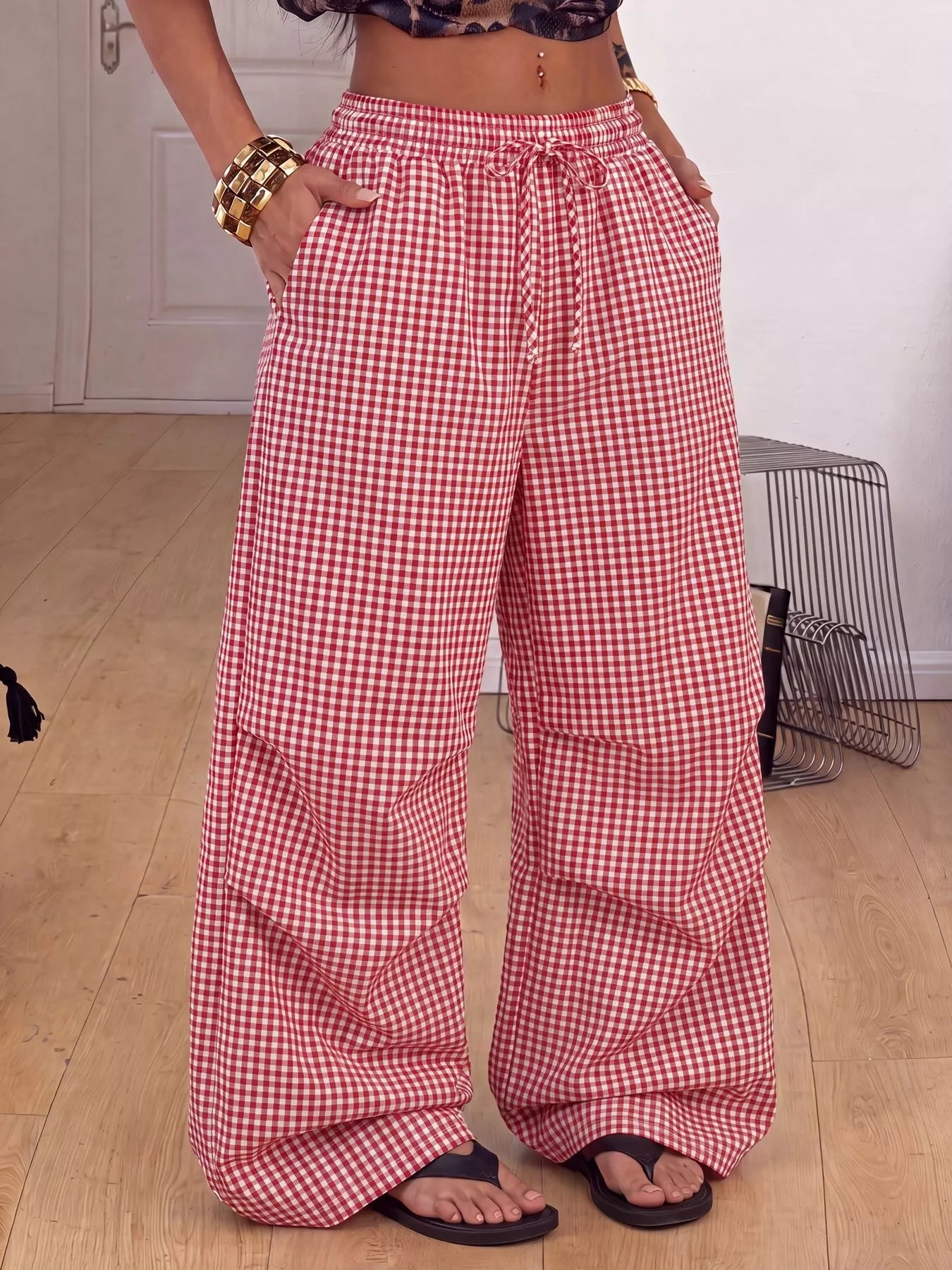High-Waisted Gingham Wide-Leg Drawstring Pants