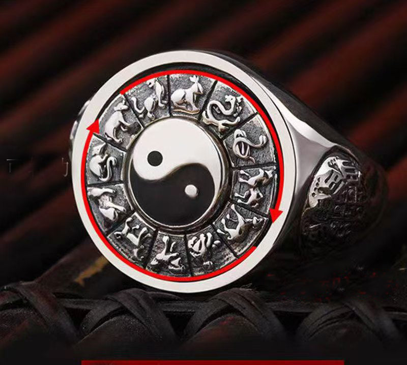 Rotatable Zodiac Bagua Ring Ethnic Style Creative Ring Jewelry Inlaid With Ancient Artistic Retro Design