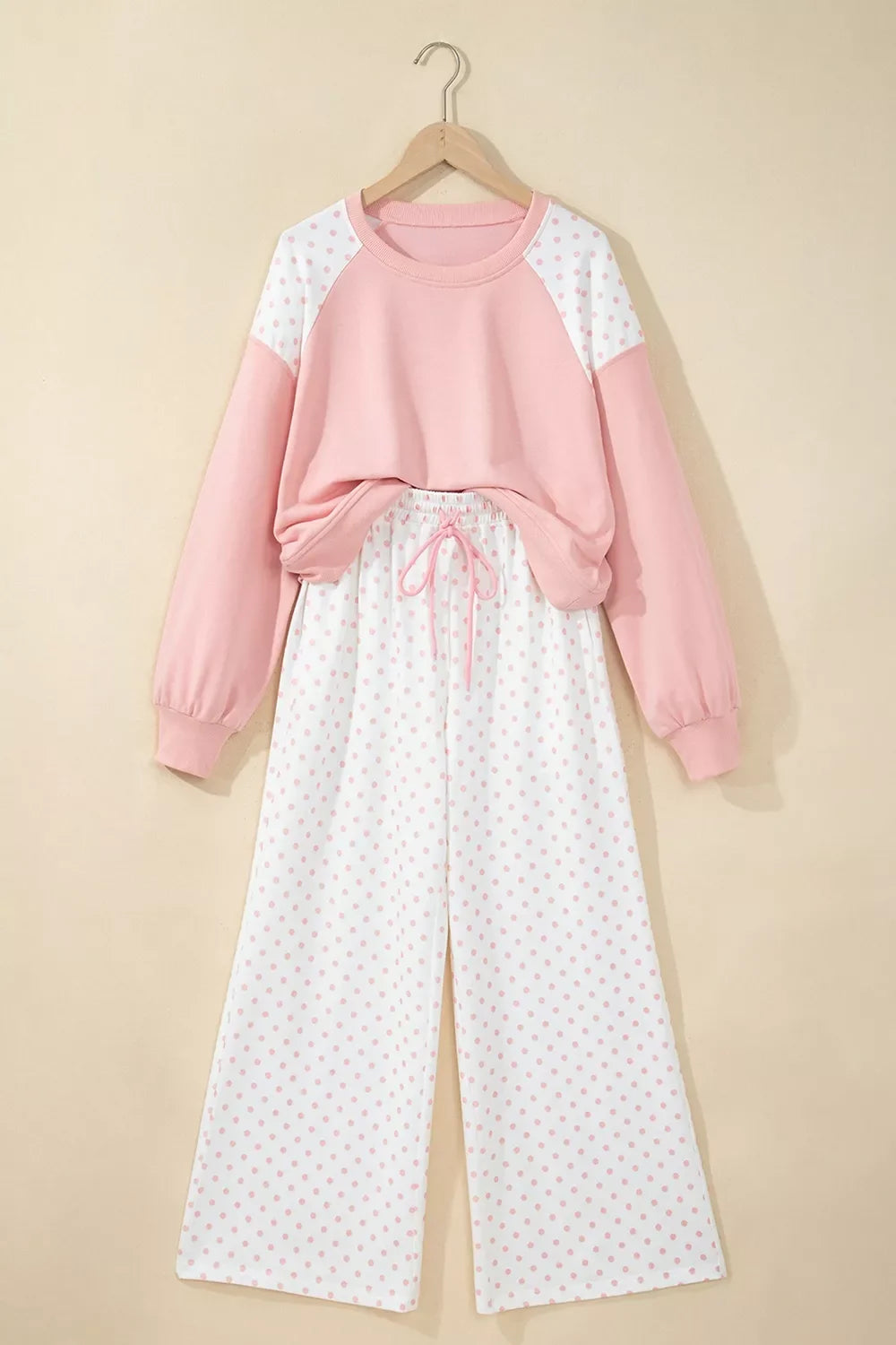 Polka Dot Cropped Sweatshirt and Wide-Leg Pants Set