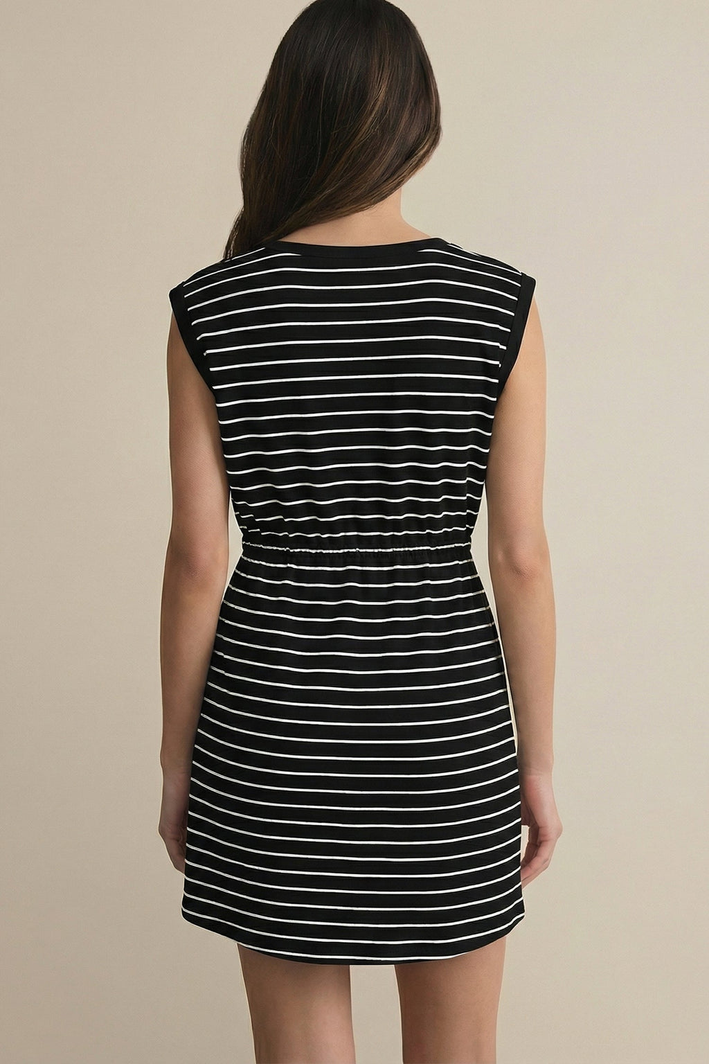 Black Stripe Drawstring Tunic Tank Mini Dress with Pockets