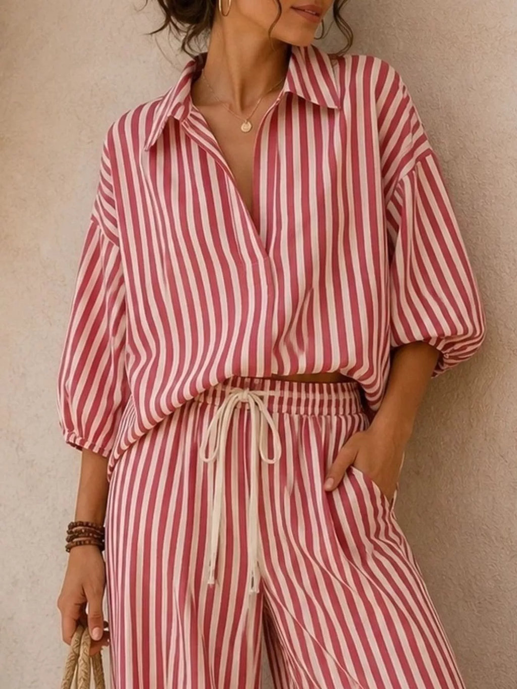 Full Size Striped Relaxed Fit Shirt and Wide-Leg Pants Set Plus Size