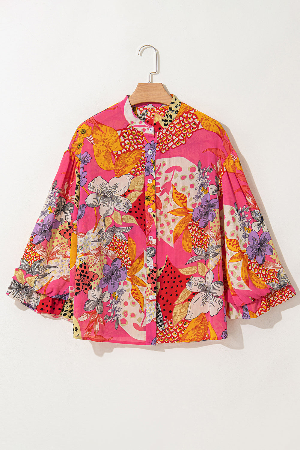 Floral Abstract Leopard Buttoned Ruffle Bubble Sleeve Shirt
