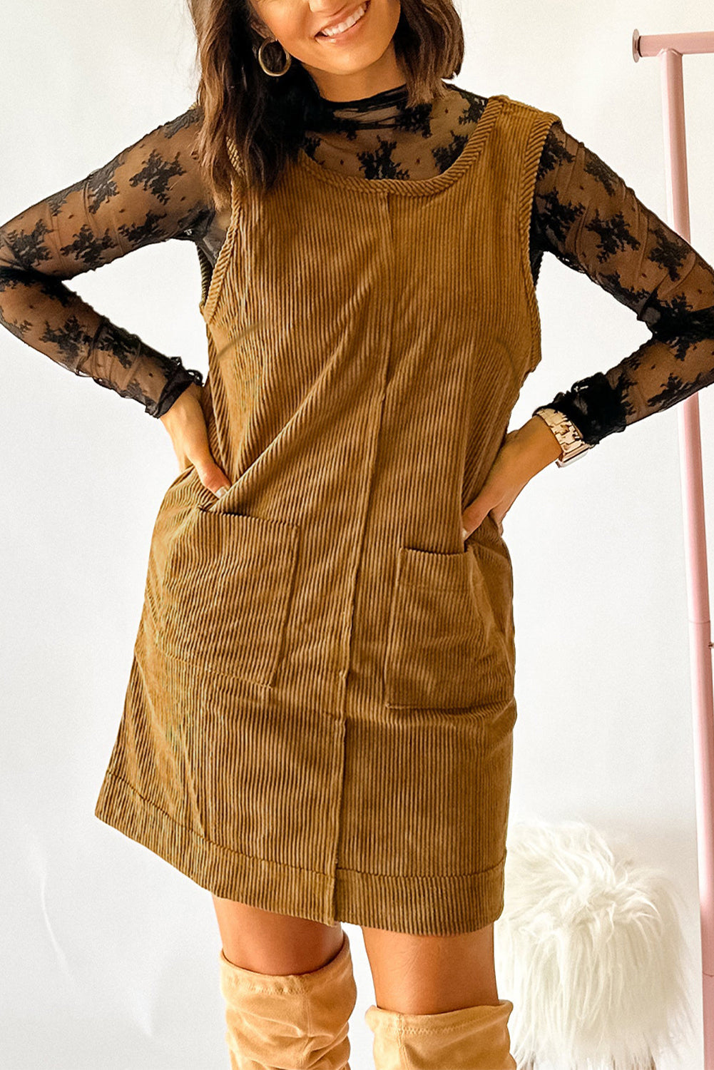 Beige Corduroy Sleeveless Mini Dress With Patched Pockets