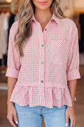 Pink Plaid Half Sleeve Ruffle Hem Button Down Shirt