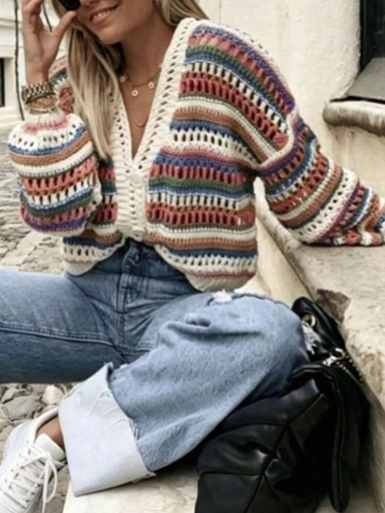 Striped Crochet Knit Cardigan