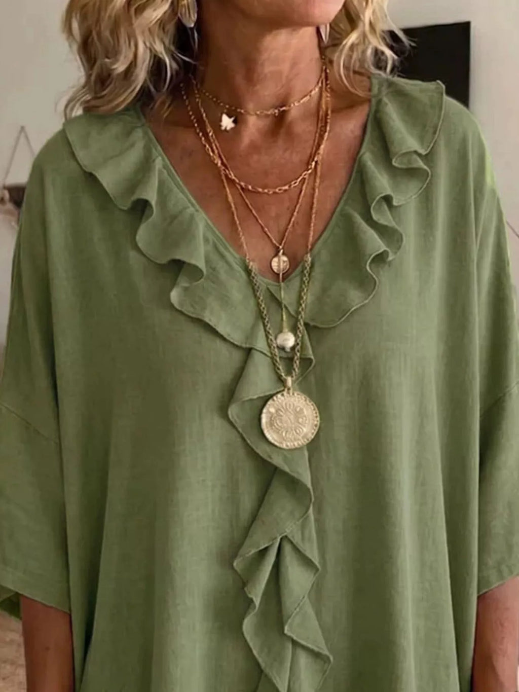 Full Size Ruffled V-Neck 3/4 Sleeve Blouse Plus Size