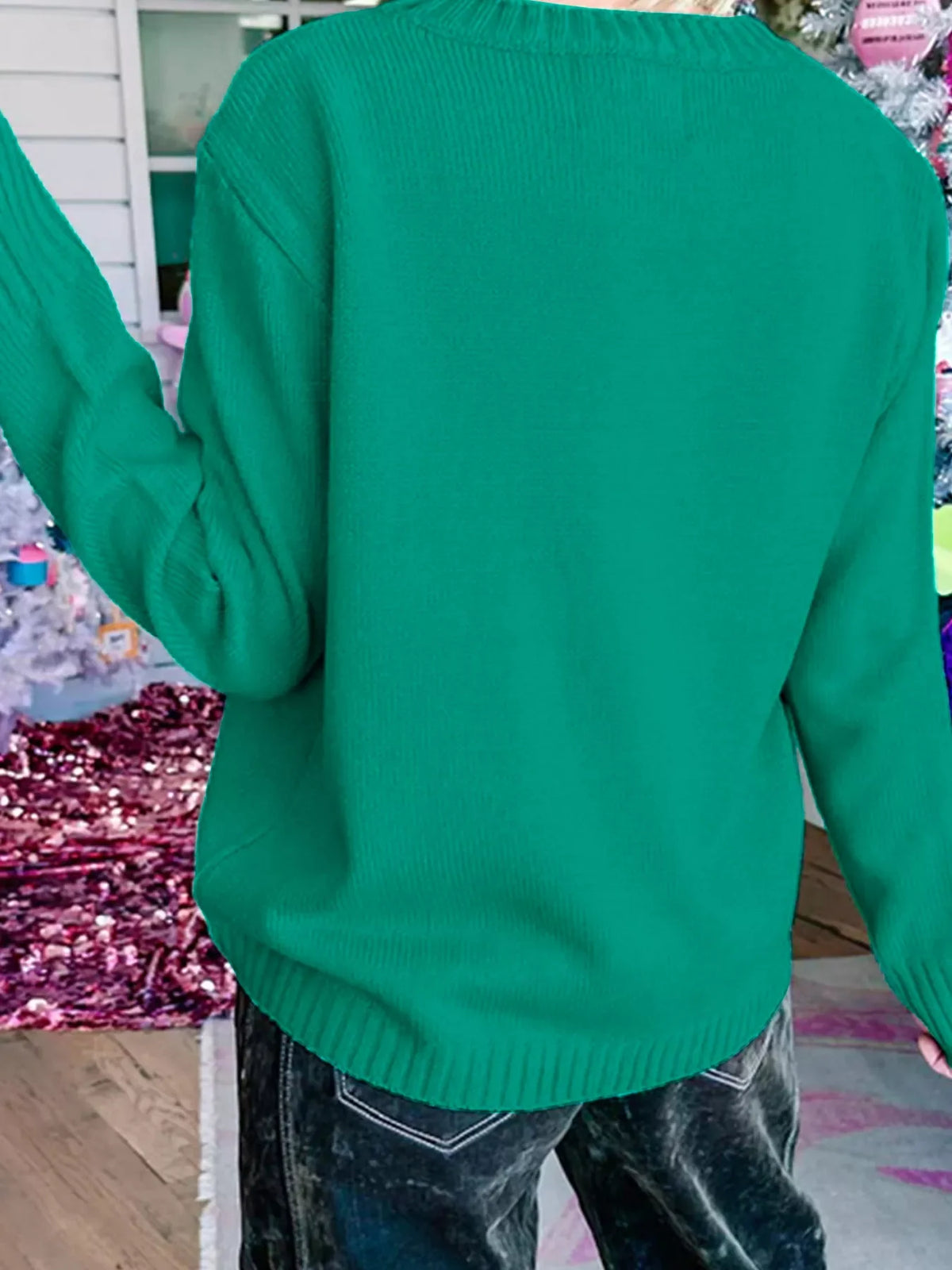 Merry Print Ribbed Trim Round Neck Loose Fit Sweater