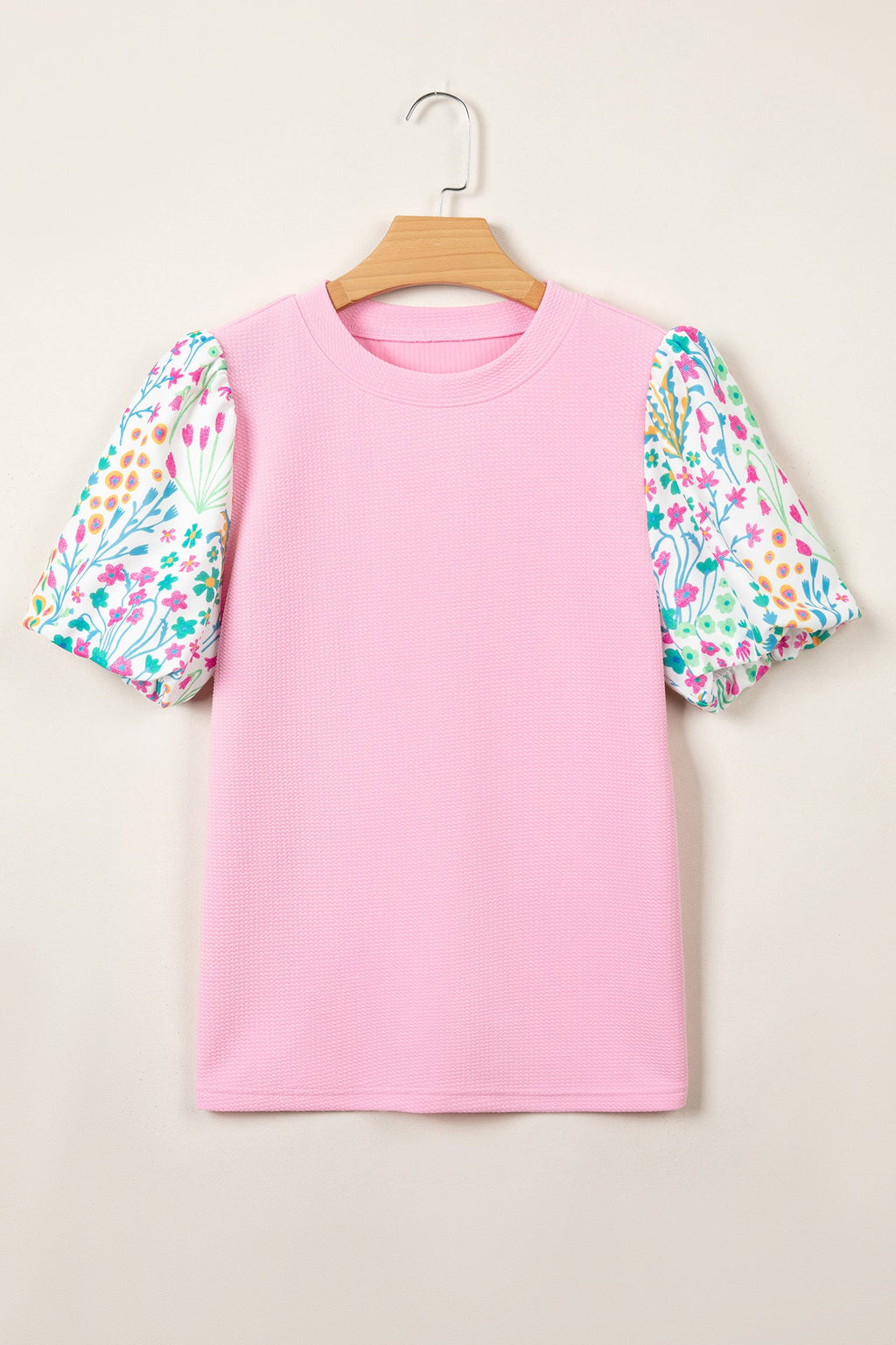 Pink Round Neck Textured Contrast Floral Bubble Sleeve Blouse