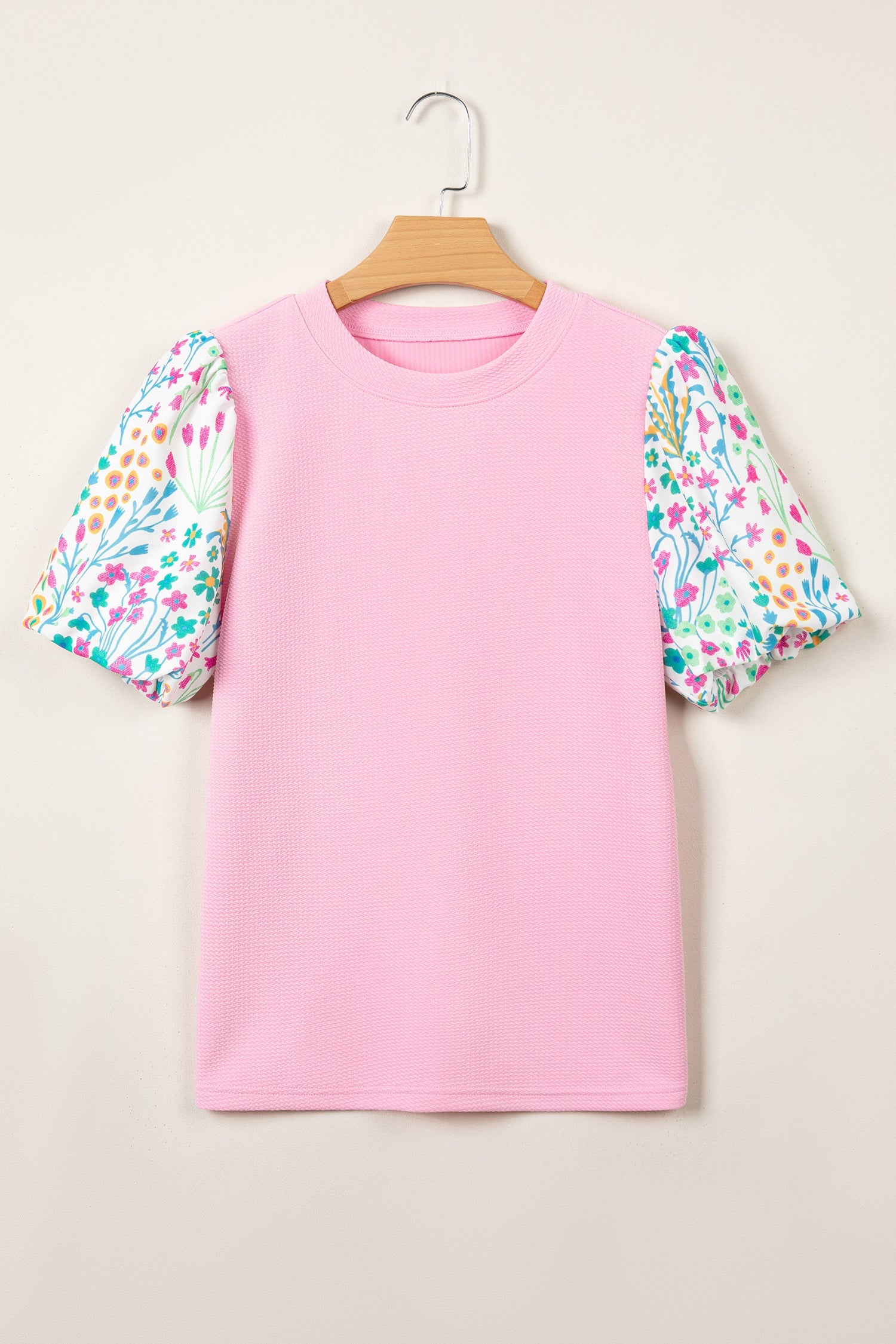 Pink Round Neck Textured Contrast Floral Bubble Sleeve Blouse