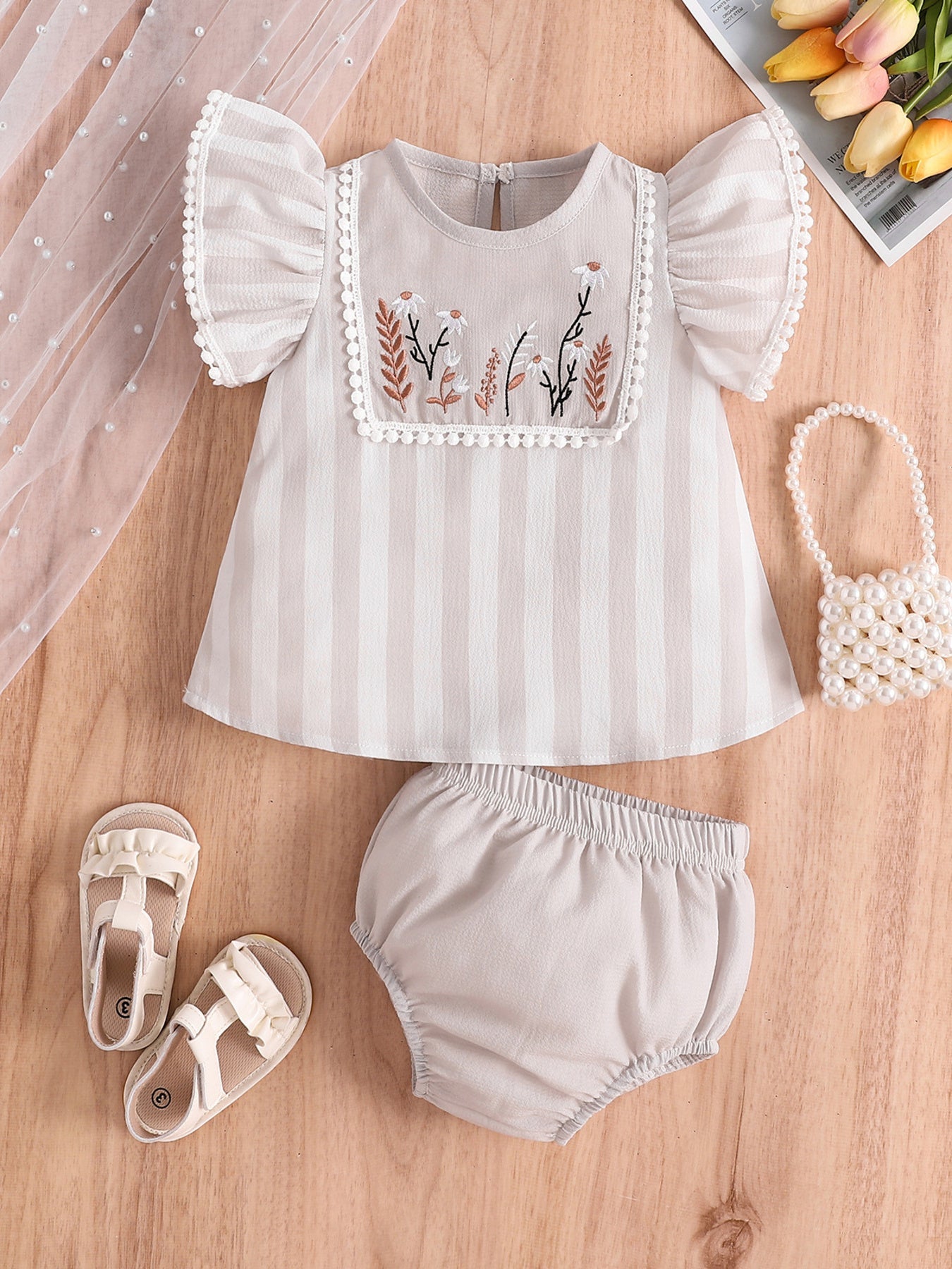 Children's Floral Embroidered Striped Top and Bottom Set