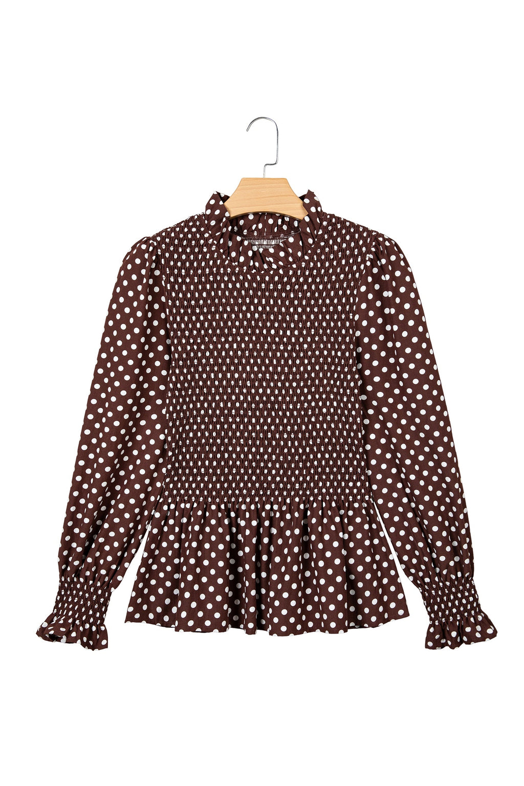 Brown Polka Dot Ruffled High Neck Shirred Ruffle Hem Blouse