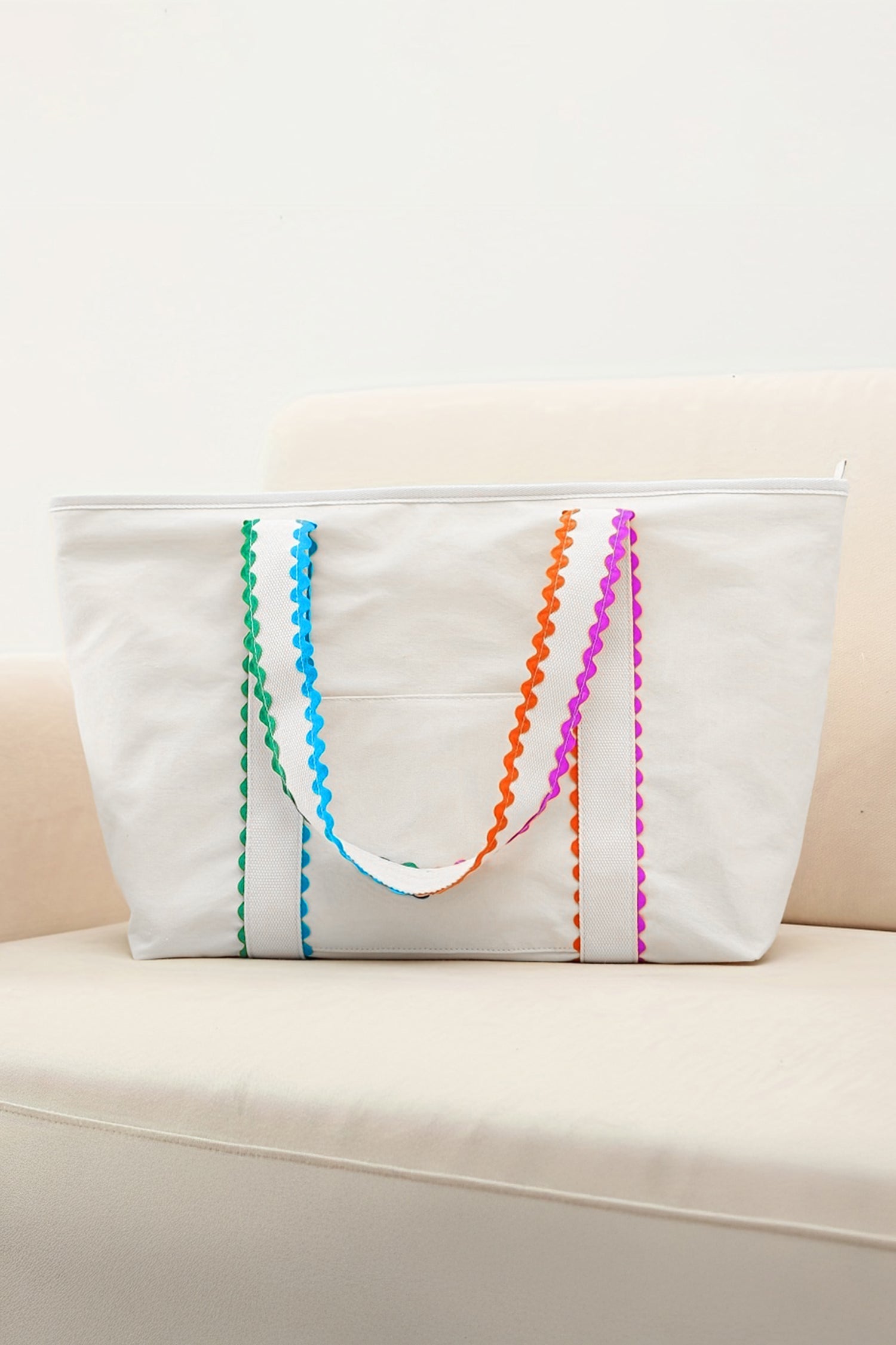 White Colorful Ricrac Detail Canvas Tote Bag