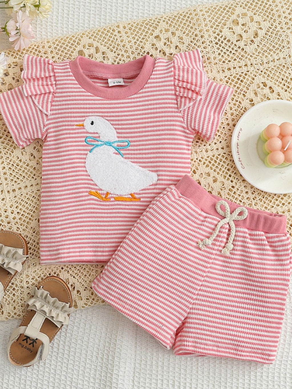 Children's Duck Embroidered Ruffle Sleeve Striped Top and Shorts Set