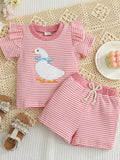 Children's Duck Embroidered Ruffle Sleeve Striped Top and Shorts Set