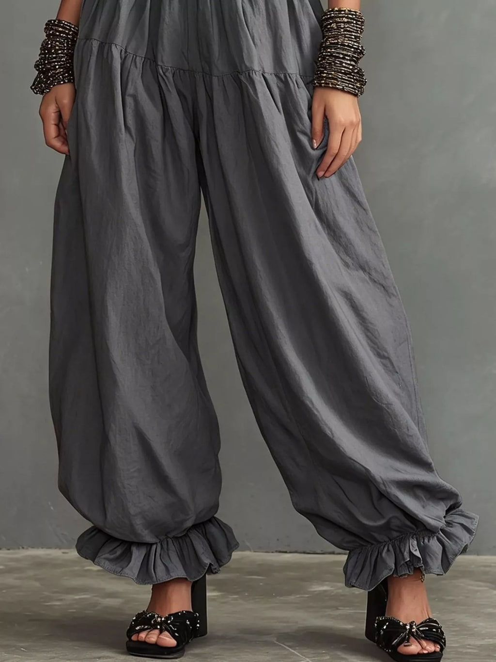 Full Size Smocked Ruffle Hem Wide Leg Pants Plus Size