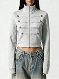 Cropped Zip-Up Outerwear with Decorative Buttons