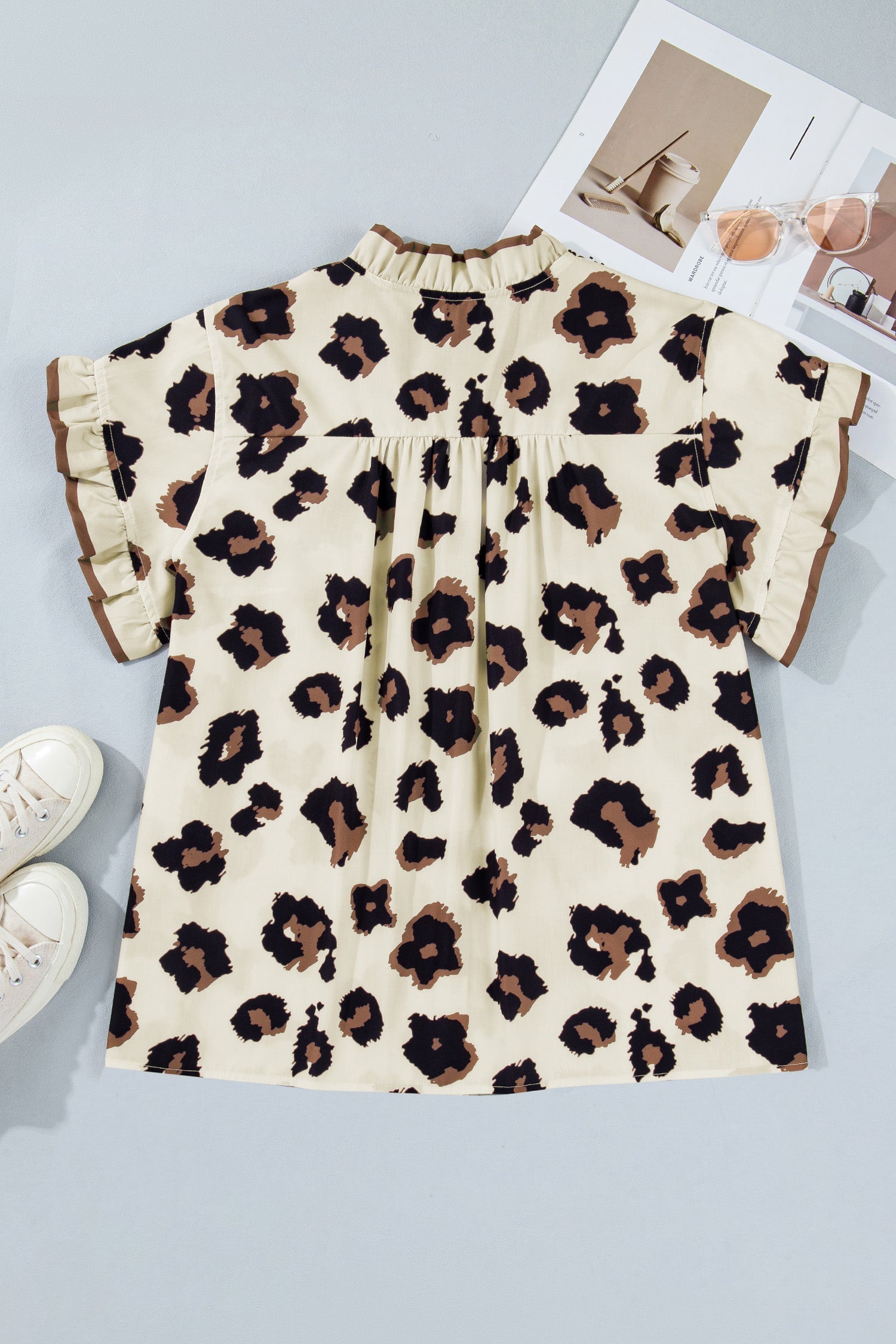 Khaki Plus Size Leopard Print Frilled Color Block Trim Button Down Short Sleeve Blouse