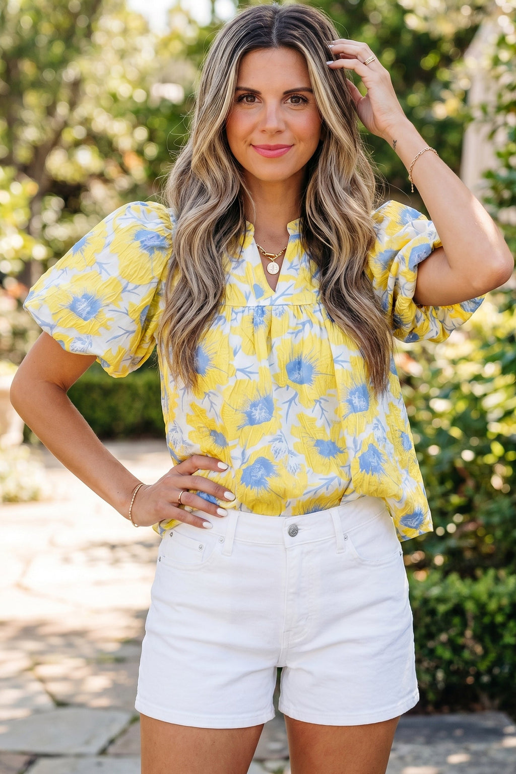 Yellow Short Bubble Sleeve Summer Floral Blouse