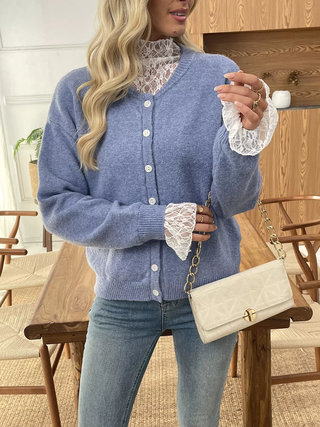 Button-Down Cardigan with Delicate Lace Trim