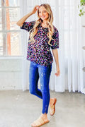 Leopard Foil Print Half Sleeve Knit Sweater
