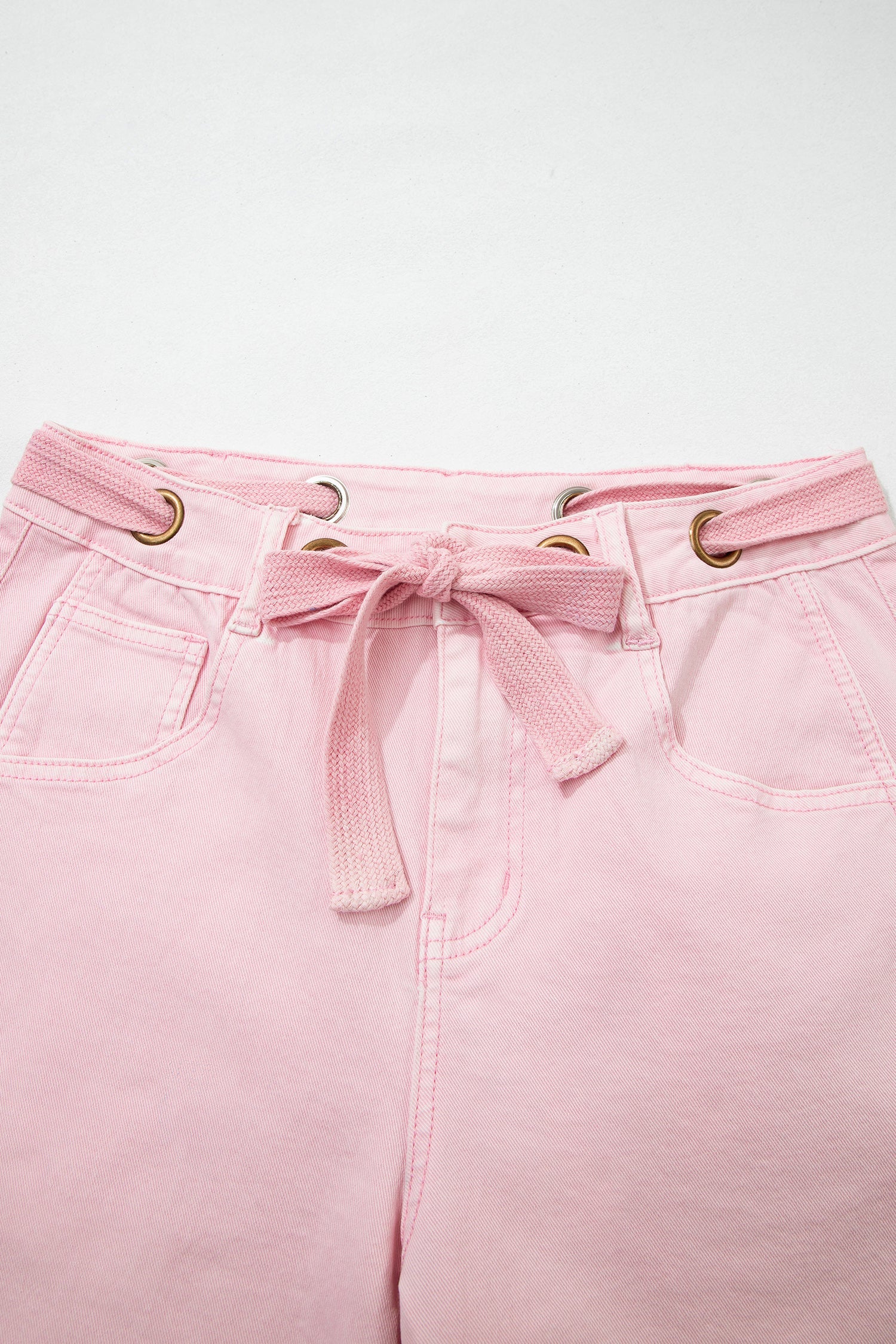 Light Pink Solid Color Grommet Detail Knot Waist Barrel Jeans
