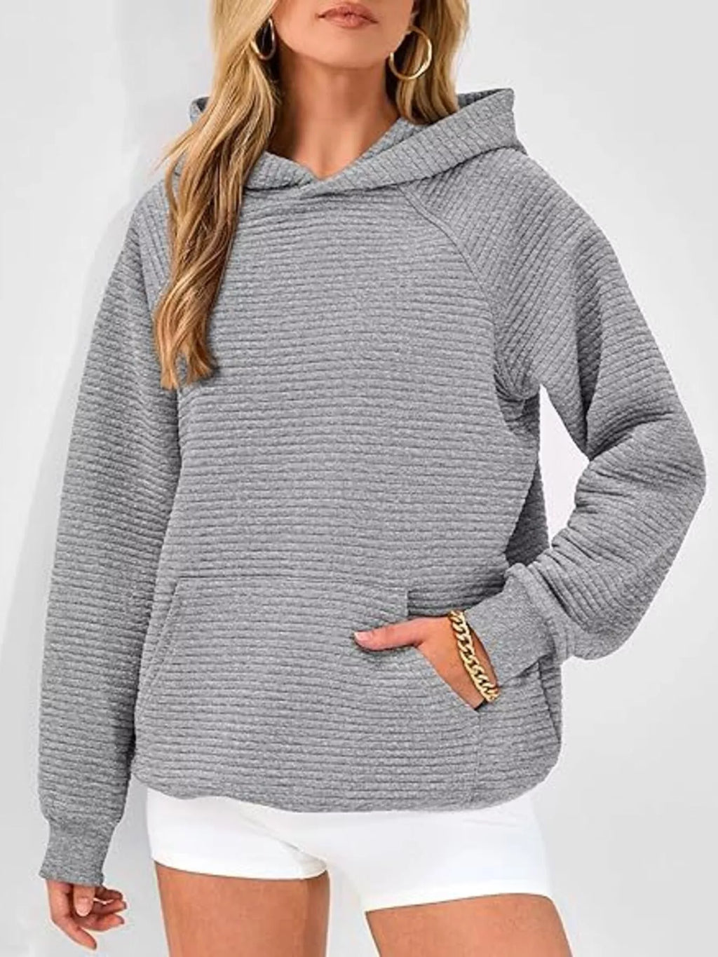 Texture Kangaroo Pocket Raglan Sleeve Hoodie