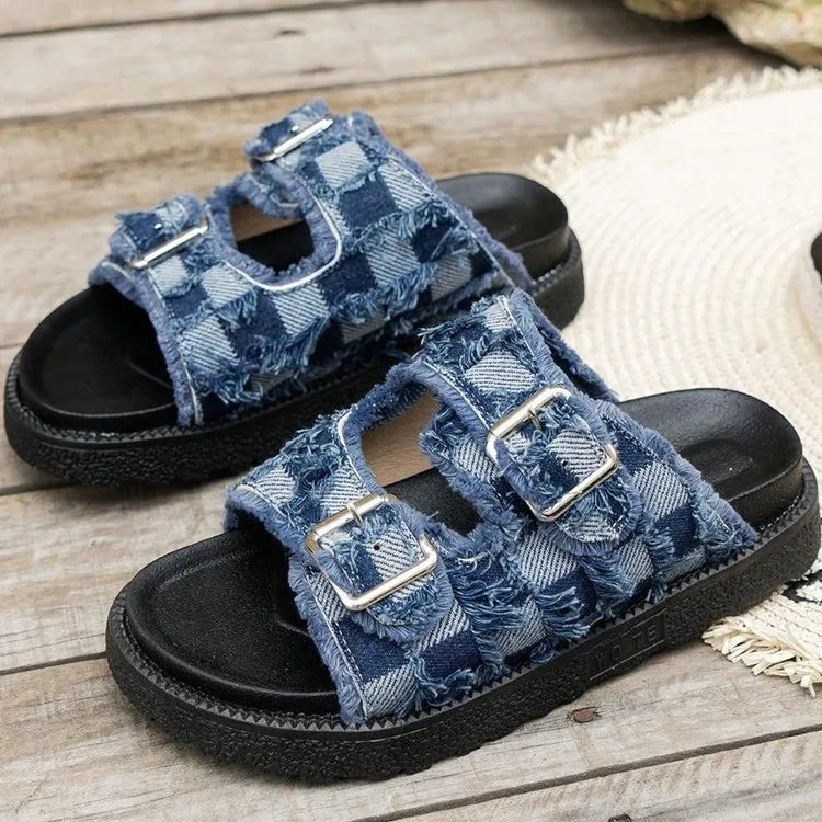 Raw Edge Checkered Cloth Buckle Sandals