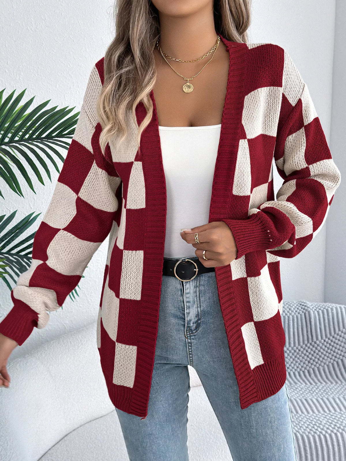 Checkerboard Pattern Open Front Knit Cardigan