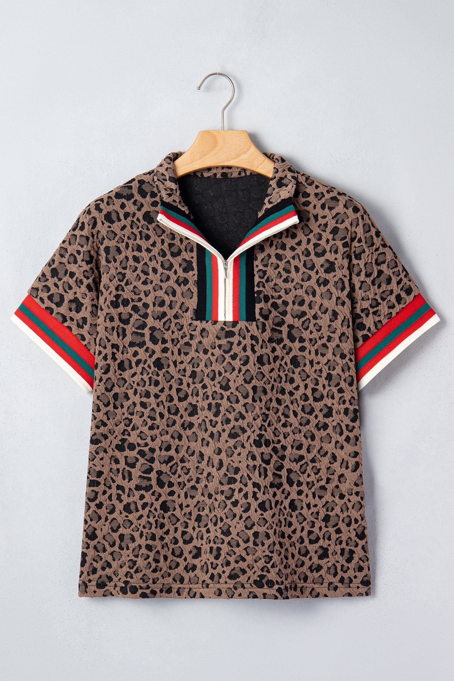 Brown Leopard Jacquard Striped Patchwork Half Zip Short Sleeve Blouse