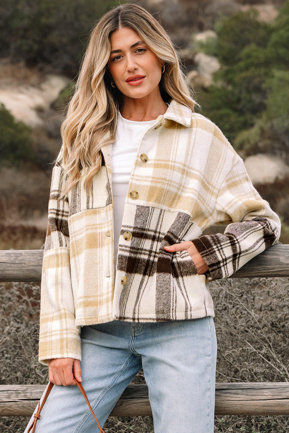 Plaid Patchwork Side Pocket Button-Up Shacket