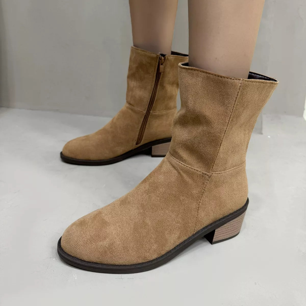 Round Toe Block Heels Ankle Boots
