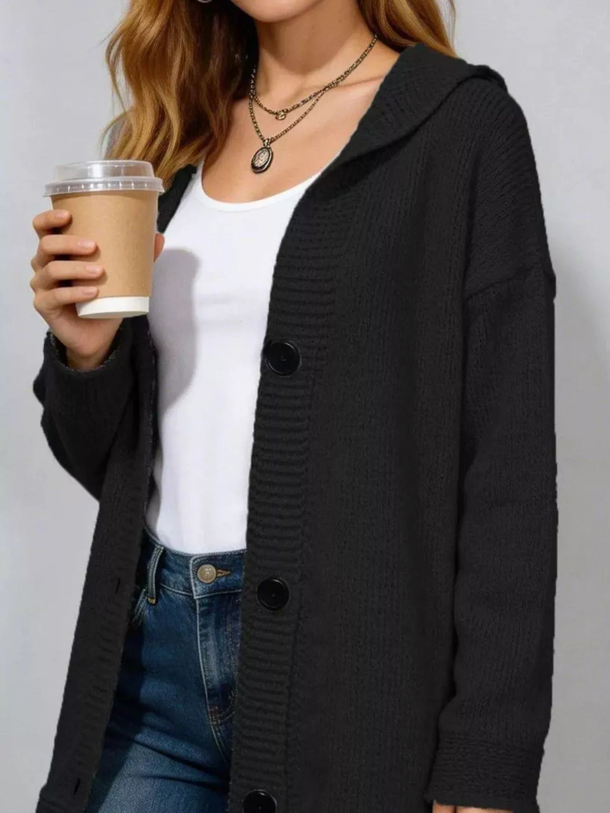 Full Size Casual Hooded Button-Down Knit Cardigan Plus Size