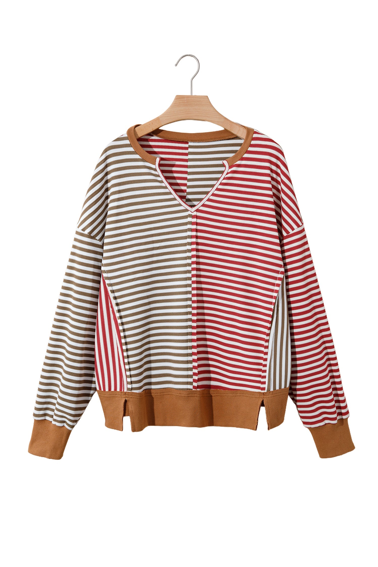 Red Striped Colorblock V Neck Long Sleeve Top