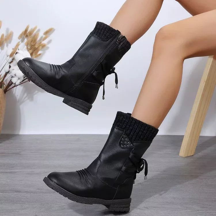 Knitted Cuff Round Toe Boots