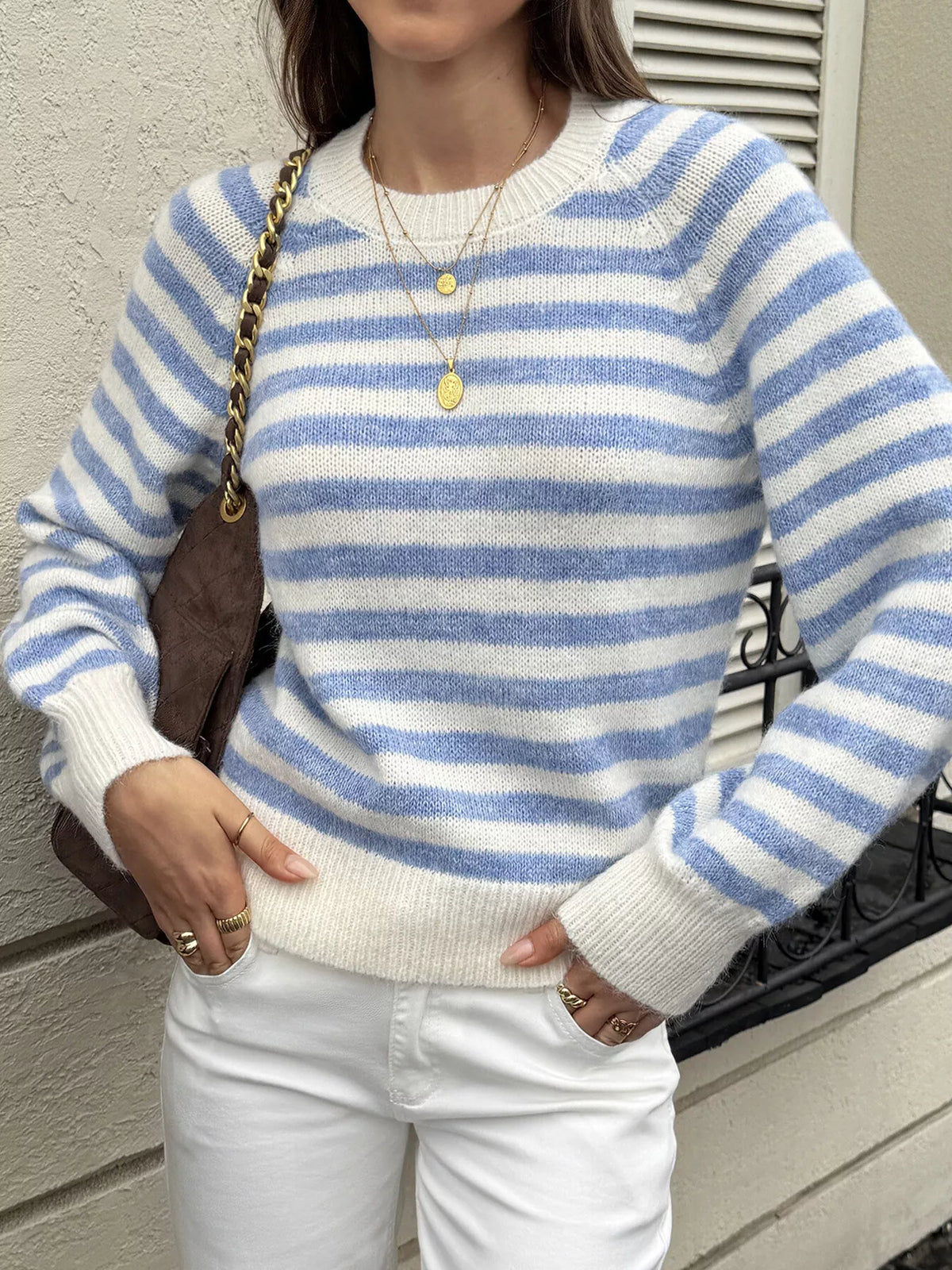 Striped Crew Neck Dropped Shoulder Sweater