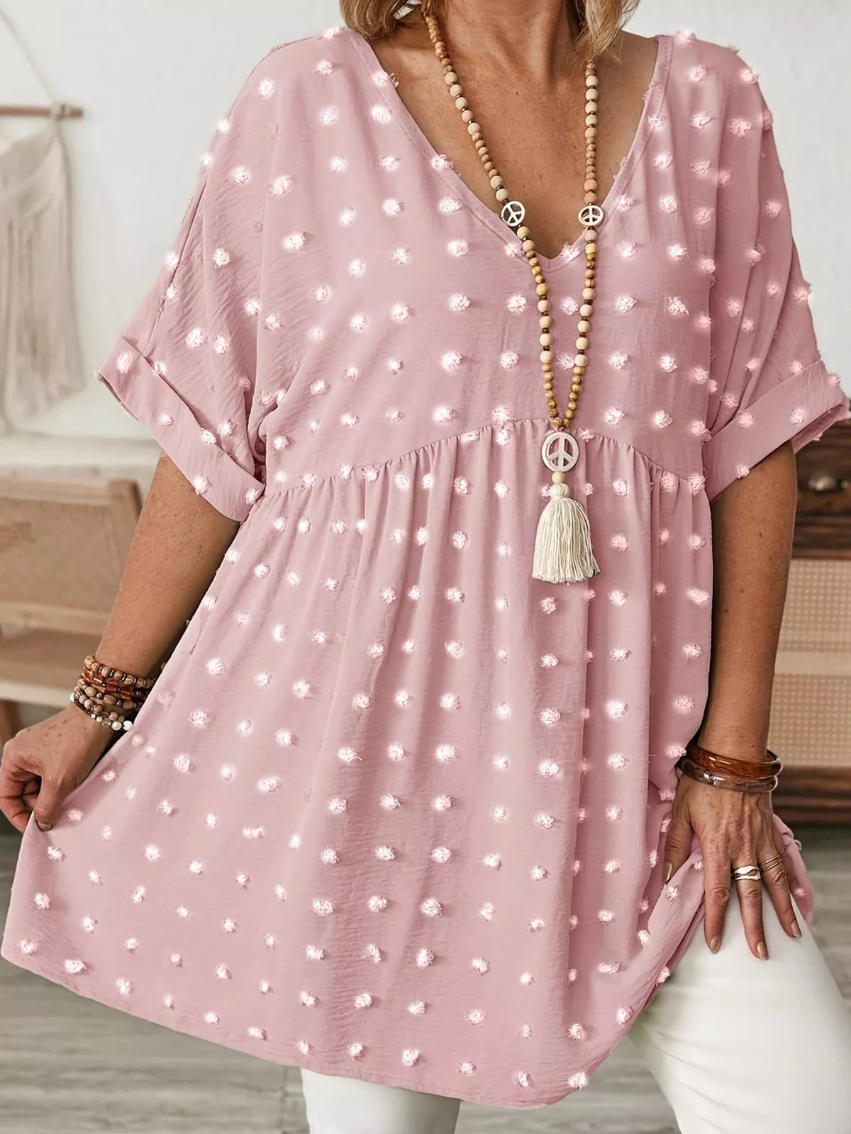 Plus Size Swiss Dot V-Neck Casual Blouse