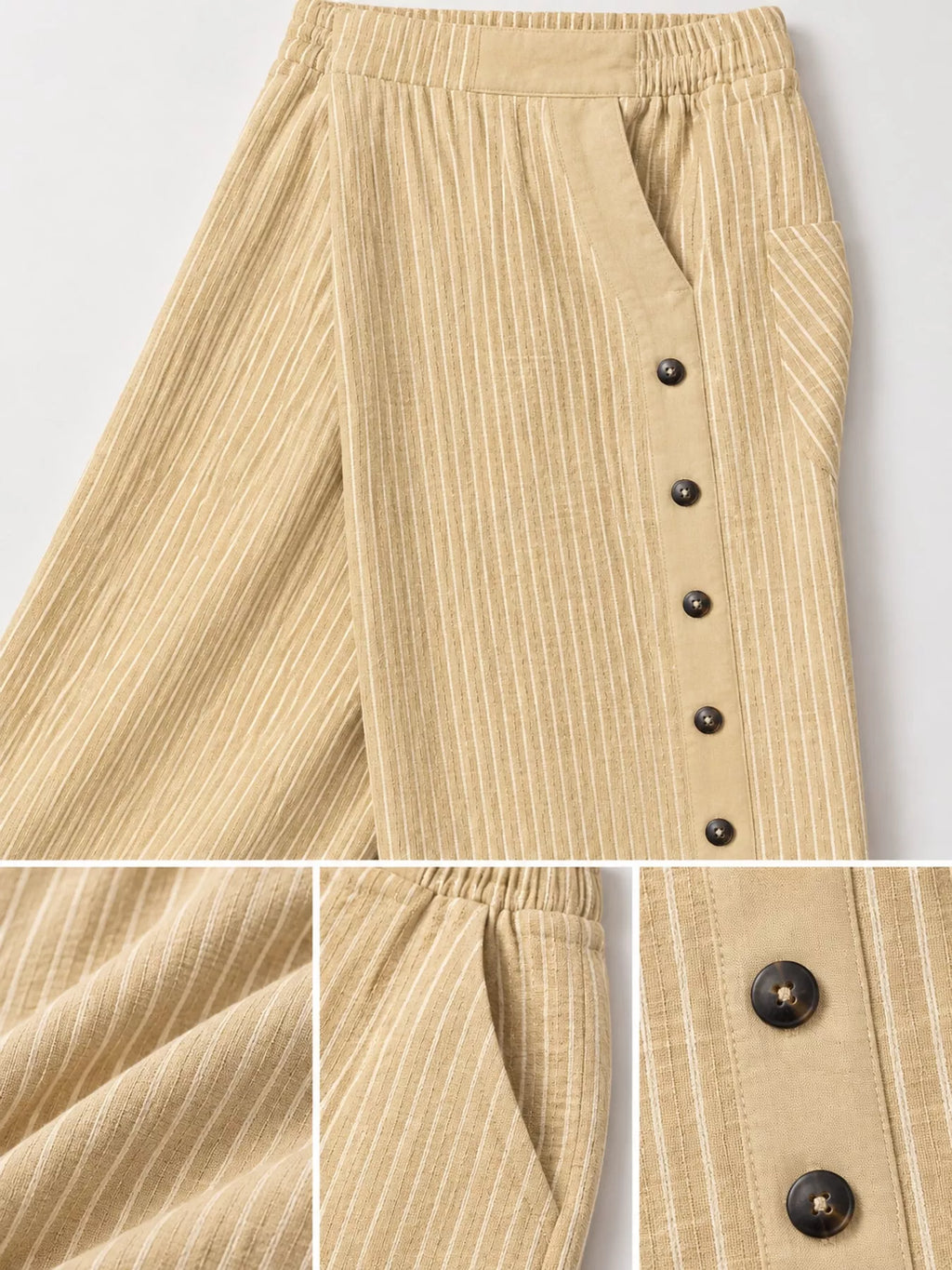Striped Casual Pants with Side Button Detail