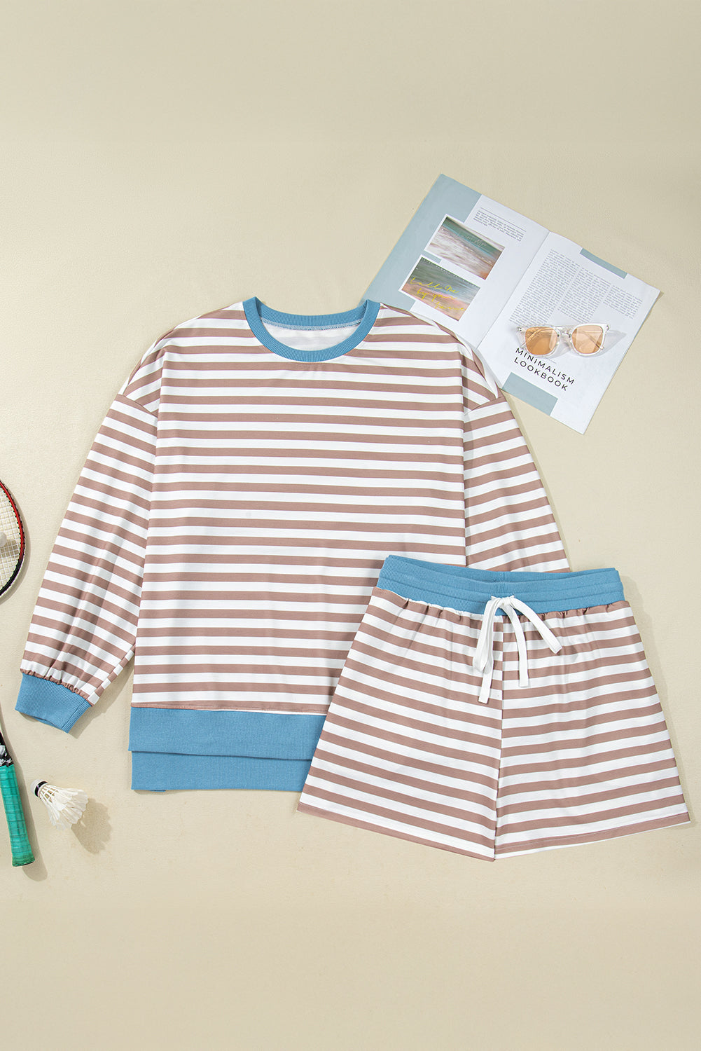 Plus Size Stripe Contrast Trim Pullover and Shorts Set