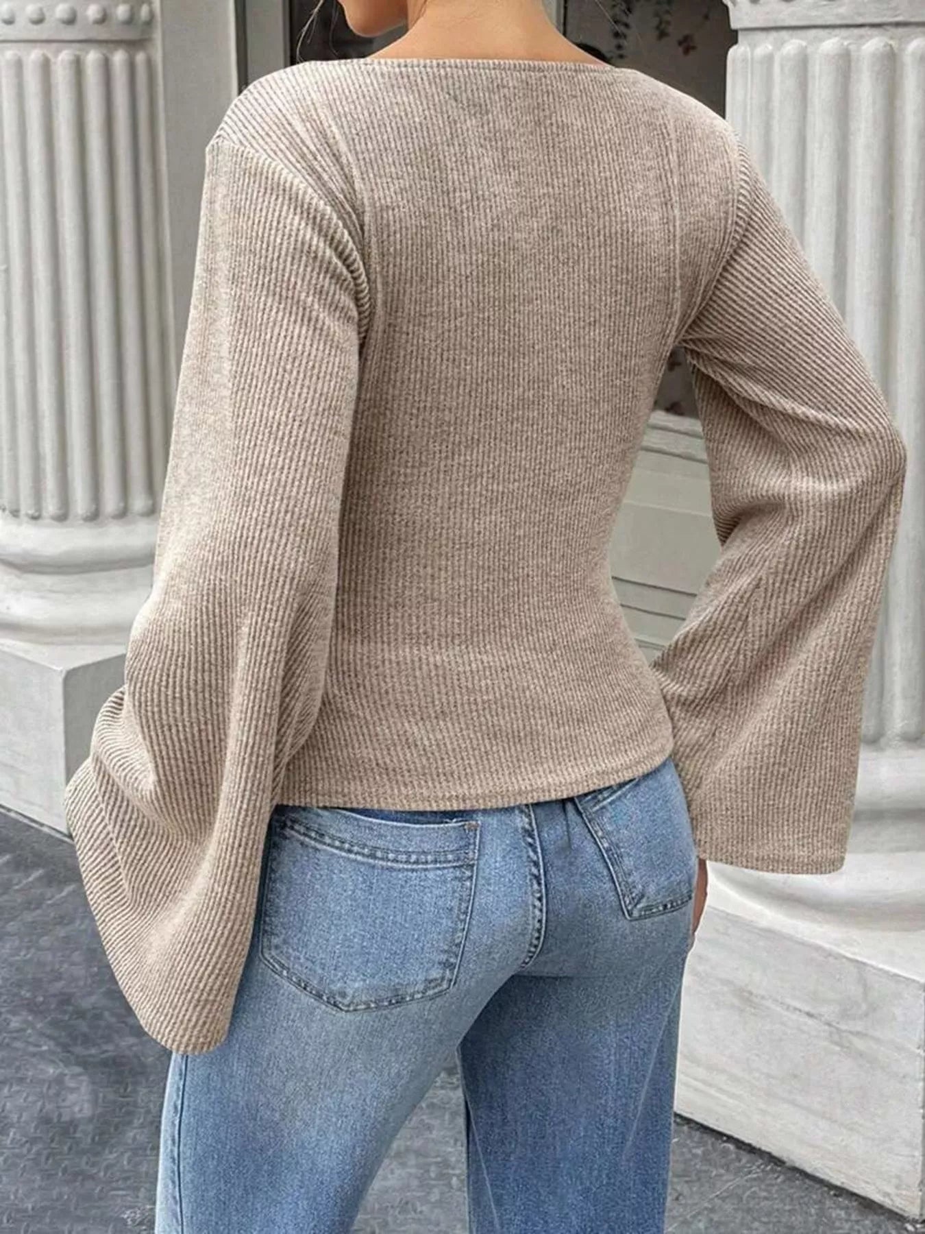 Ribbed Flare Sleeve Top with Ruched Detail